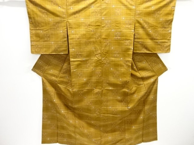 JAPANESE KIMONO / ANTIQUE KIMONO / SILK / FUSHI TSUMUGI / WOVEN GRID & ABSTRACT PATTERN